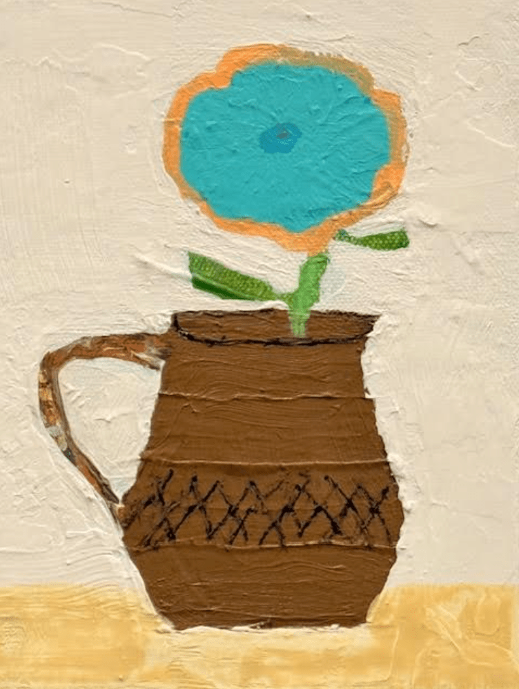 Clay Pitcher with Blue Centered Flower - Original Art