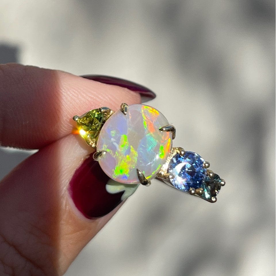 One-off Peridot and Crystal Opal Splice Ring in 18ct Yellow Gold