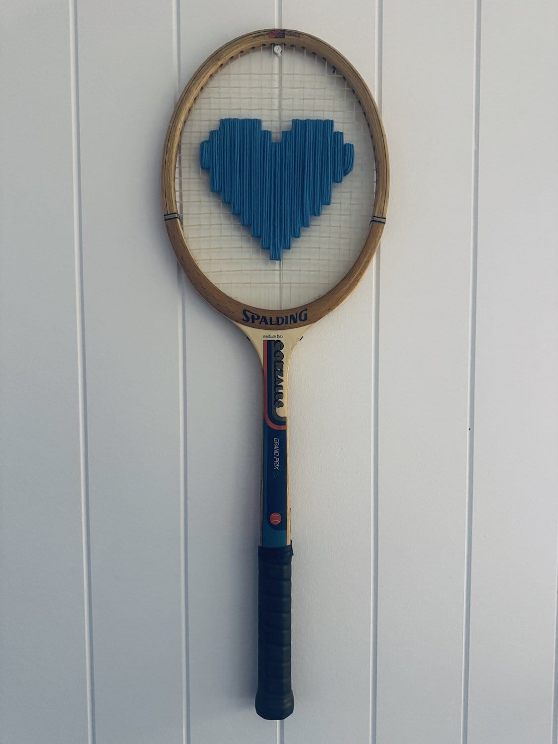 What A Racquet! Vintage Tennis Racquet Wall Hanging With Woven Heart - Blue