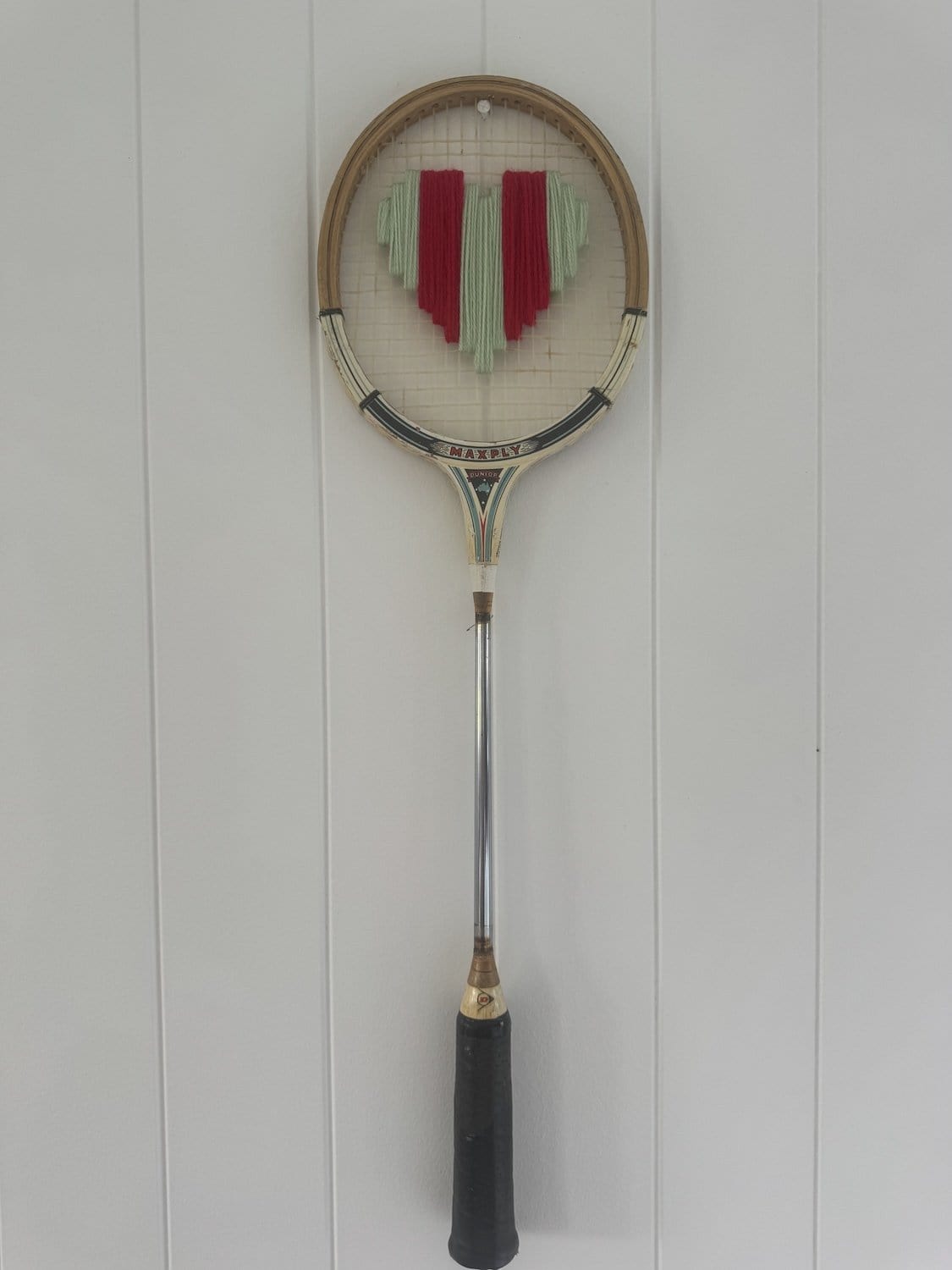 Vintage Squash Racquet Wall Hanging With Woven Heart - Minty Stripe