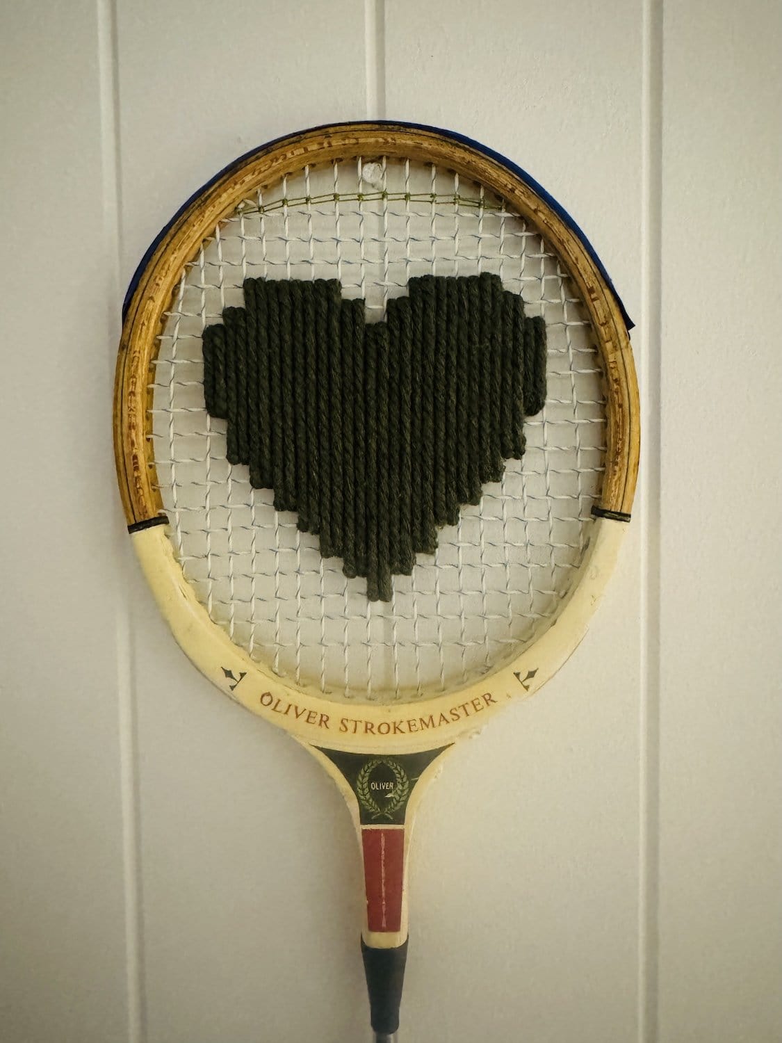 Vintage Squash Racquet Wall Hanging With Woven Heart - Olive Green