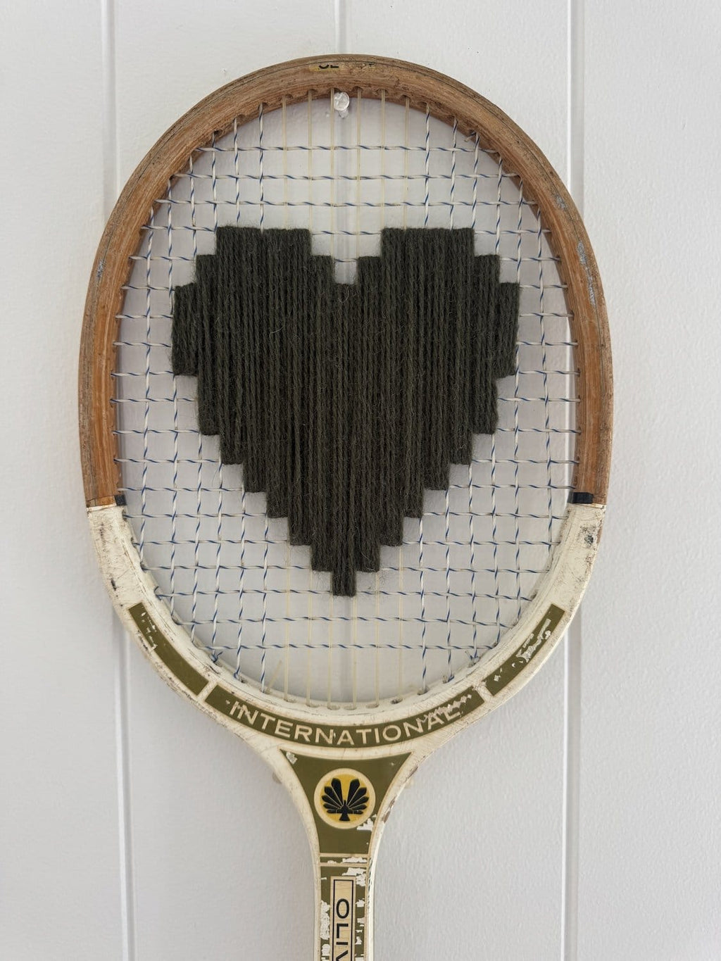 Vintage Tennis Racquet Wall Art - Dark Olive Heart
