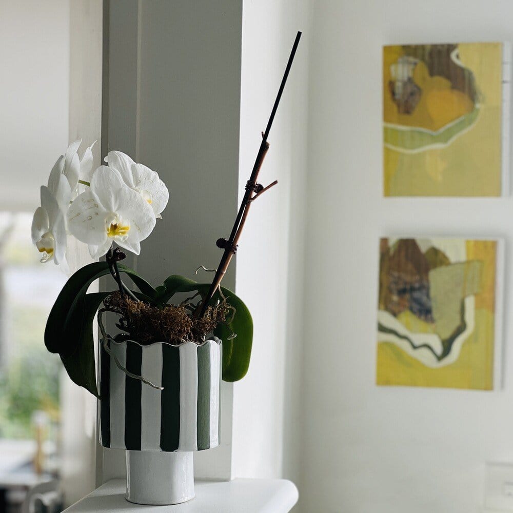 Olive Green And White Striped Vessel Or Planter