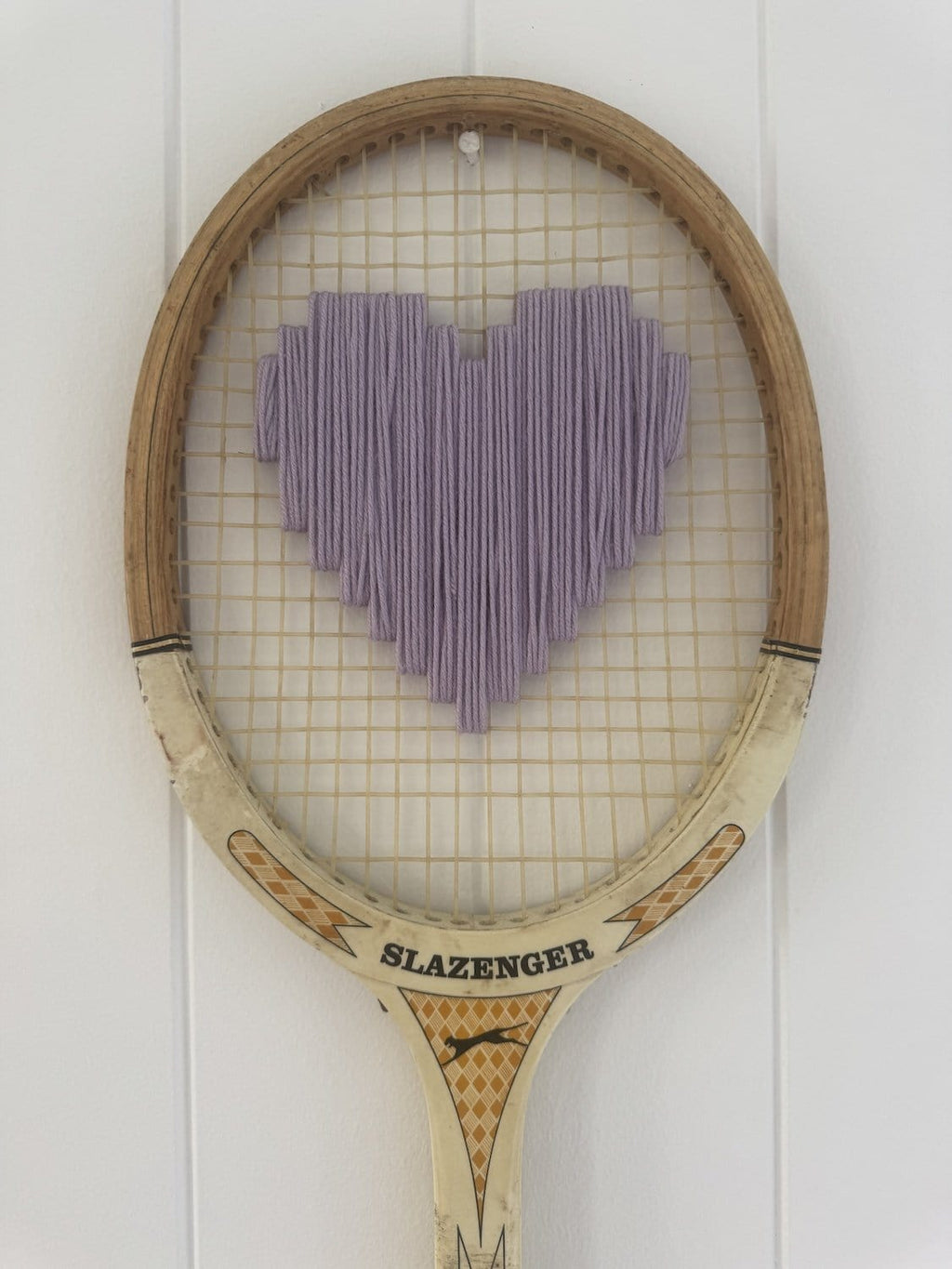 Vintage Tennis Racquet Wall Hanging With Woven Heart - Purple
