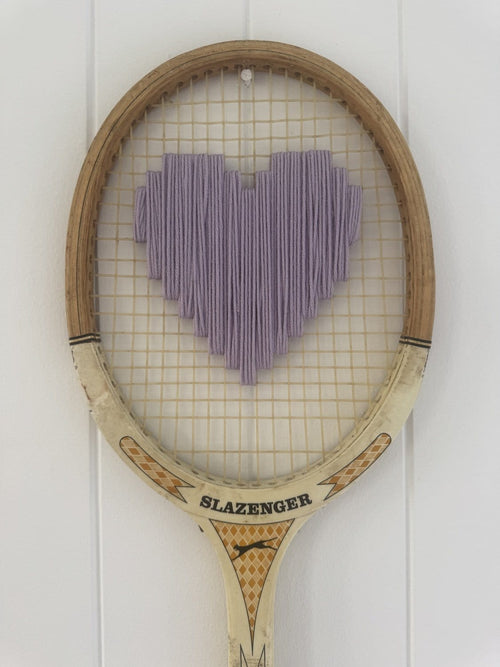 Vintage Tennis Racquet Wall Hanging With Woven Heart - Purple