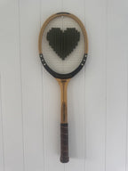 Vintage Tennis Racquet Wall Hanging With Woven Heart - Olive Green