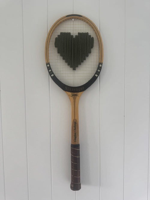 Vintage Tennis Racquet Wall Hanging With Woven Heart - Olive Green