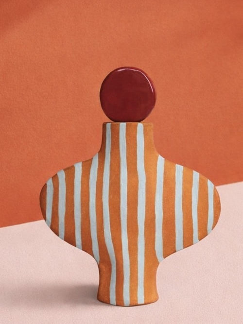 Blue Striped Terracotta Vessel With A Burgundy Stopper-Ceramics-Formantics-Greenhouse Interiors Pty Ltd