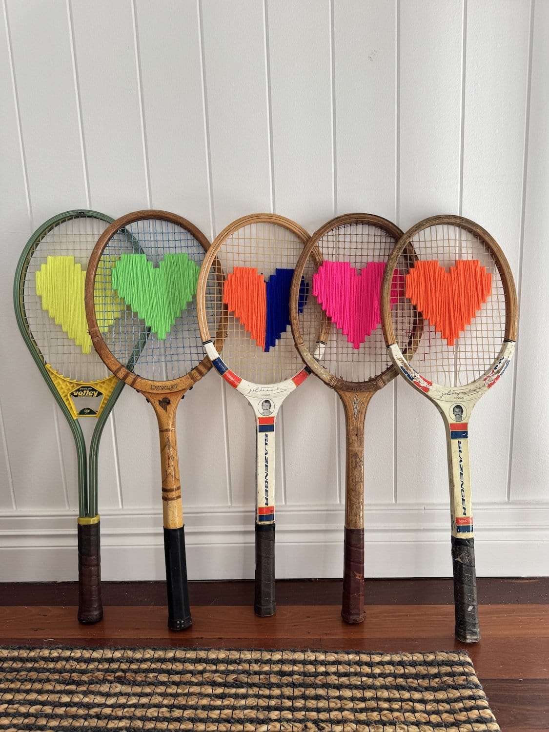 Vintage Tennis Racquet With Woven Heart - Bright Orange &amp; Blue