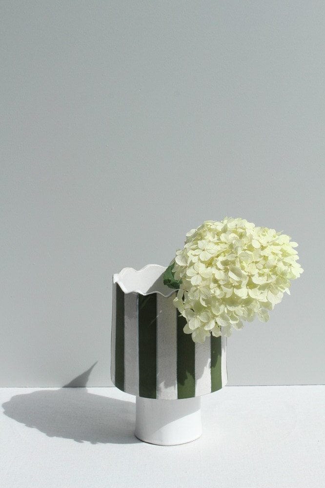 Olive Green And White Striped Vessel Or Planter