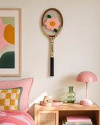 Vintage Tennis Racquet Wall Art - Pink Flower With Leaves