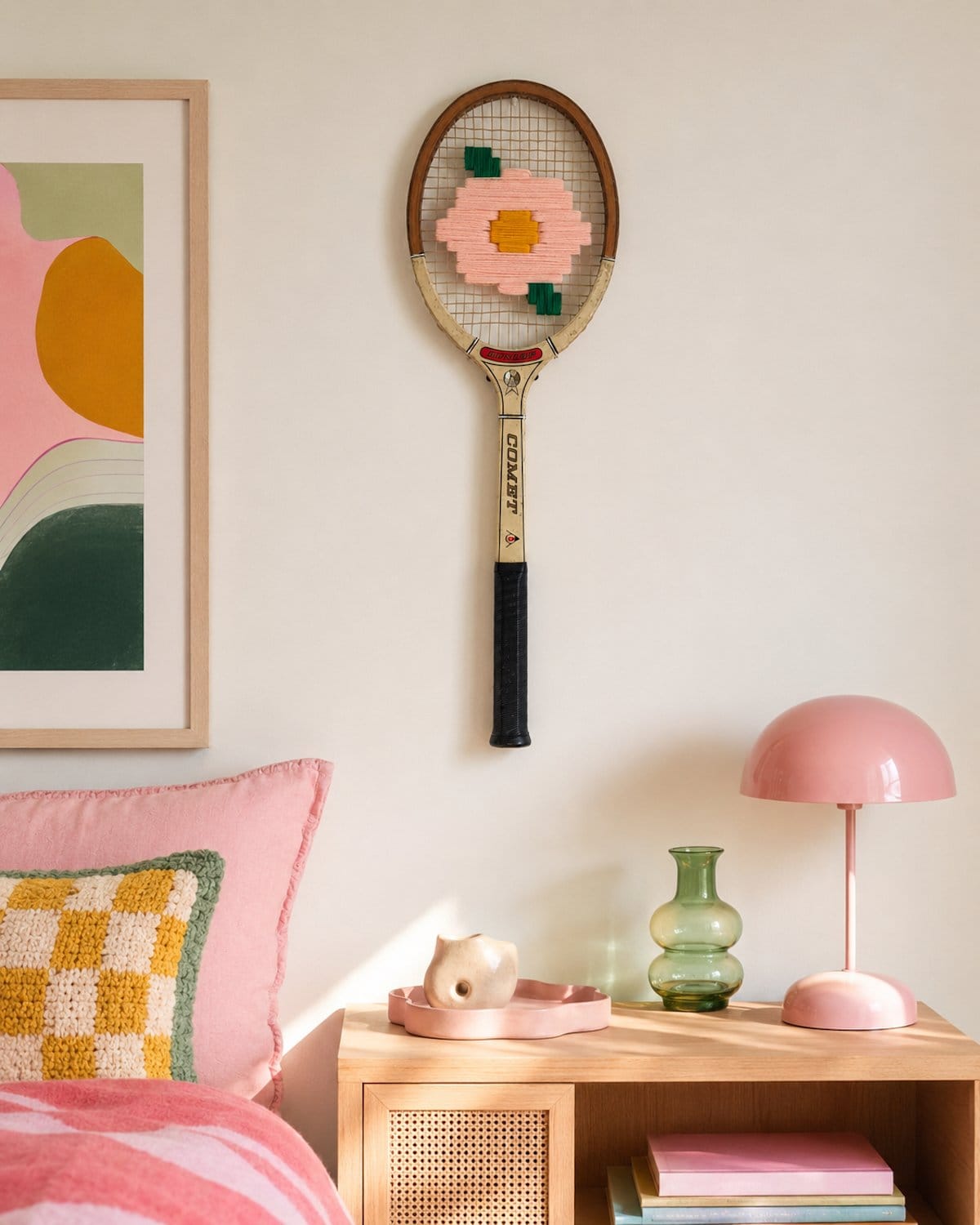 Vintage Tennis Racquet Wall Art - Pink Flower With Leaves