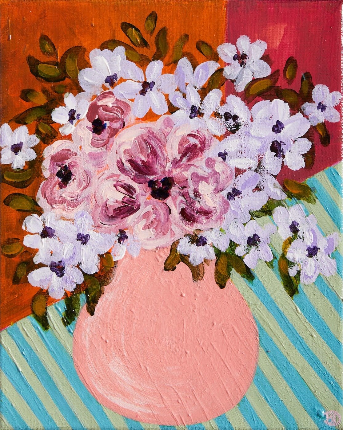 Purple Flowers, Green Stripes - Original Art