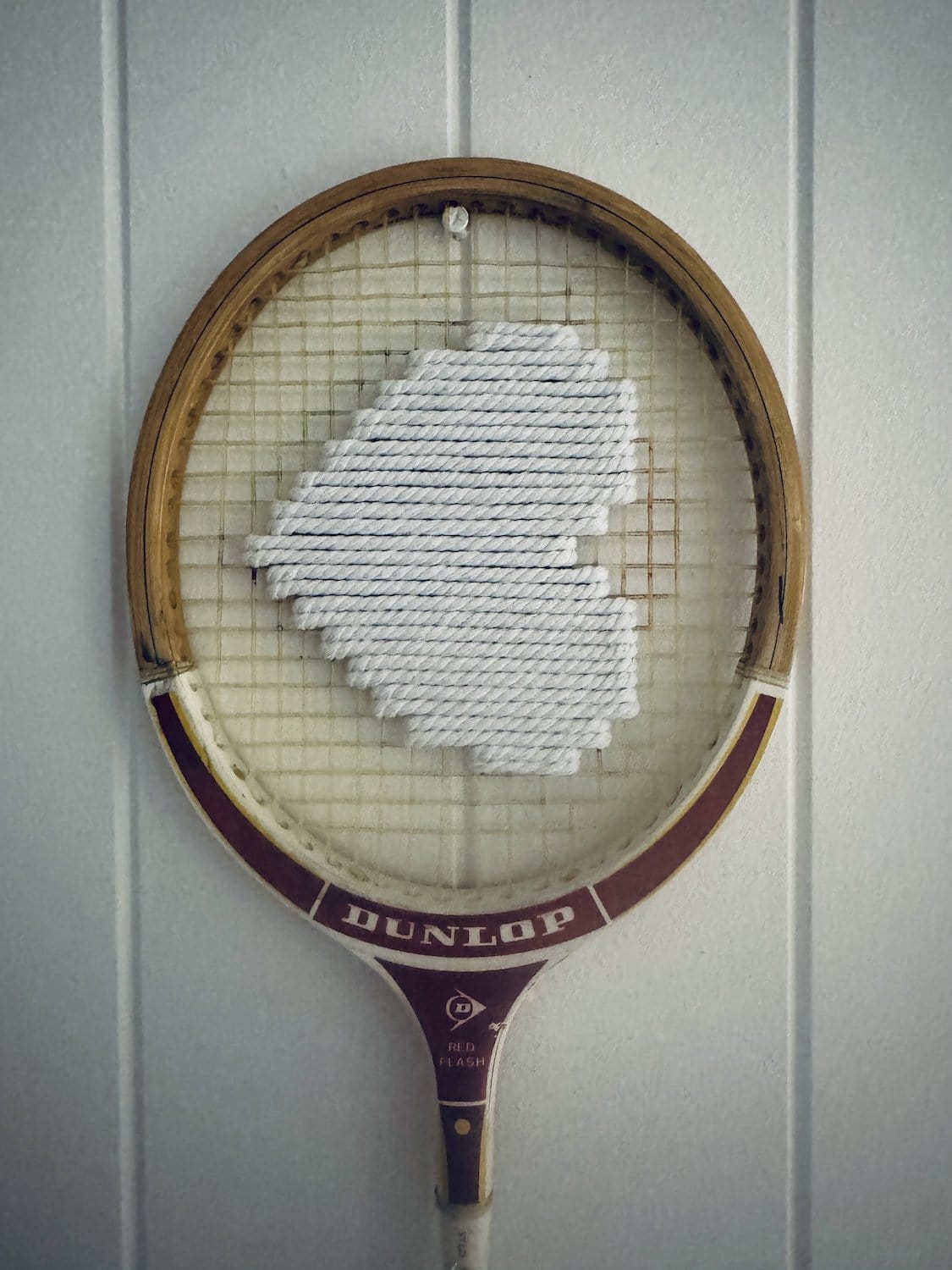 What A Racquet! Vintage Squash Racquet Wall Hanging With Woven Heart - White