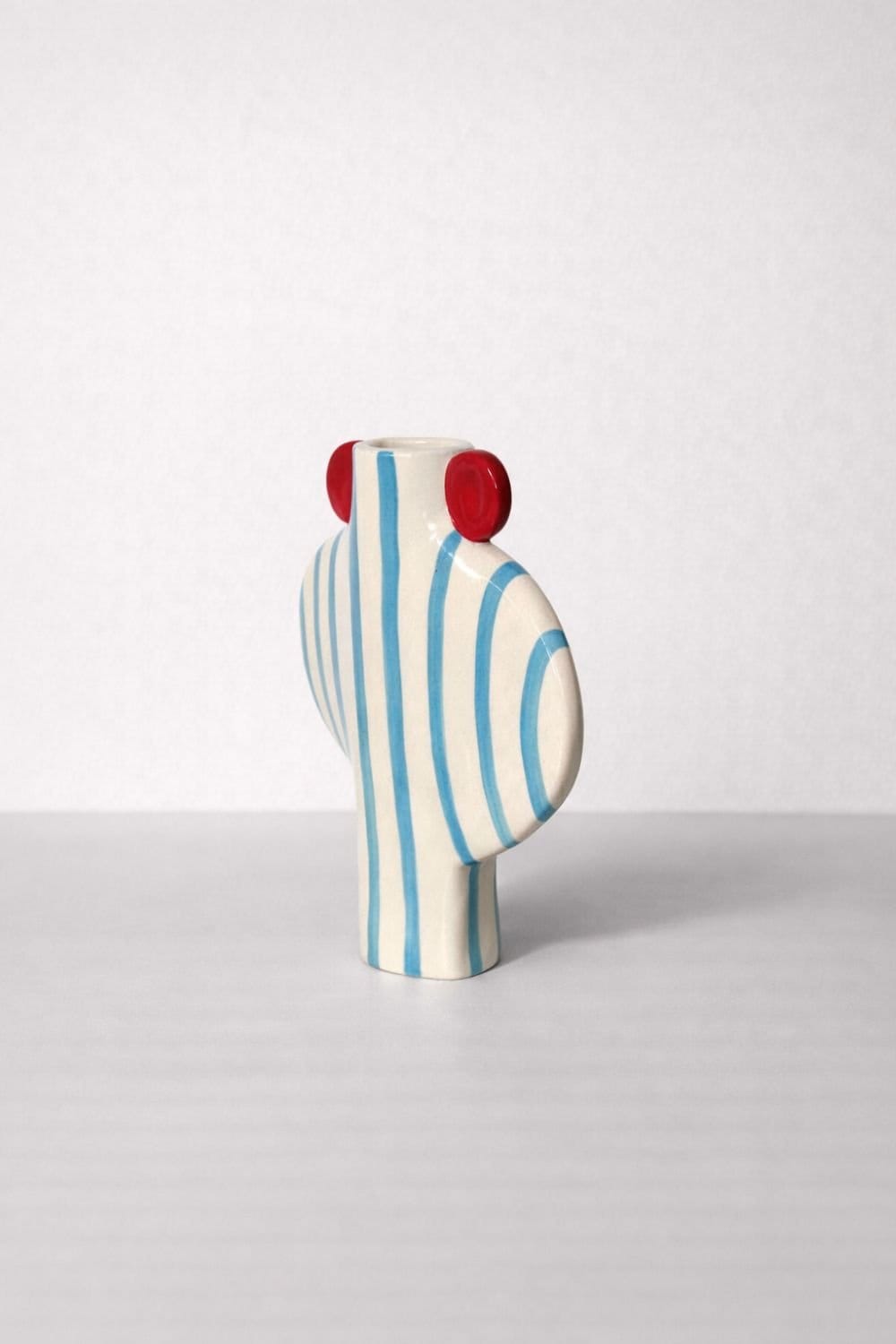 Blue Striped Vessel With Red Handles-Ceramics-Formantics-Greenhouse Interiors Pty Ltd