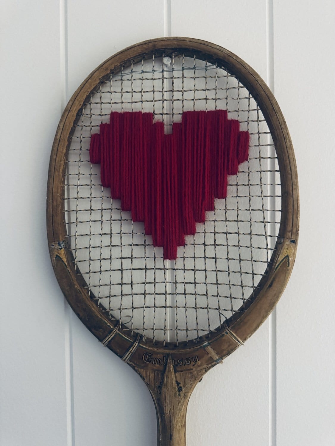 What A Racquet! Vintage Tennis Racquet Wall Hanging With Woven Heart - Rosy Red