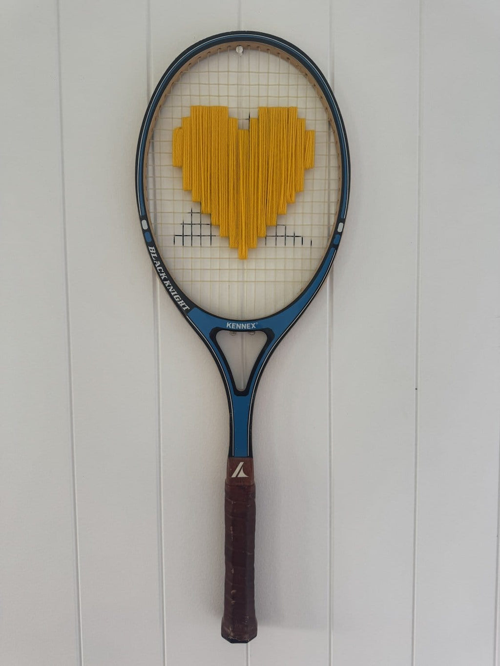 Vintage Tennis Racquet Wall Hanging With Woven Heart - Yellow-Wall Hangings-What A Racquet-Greenhouse Interiors Pty Ltd