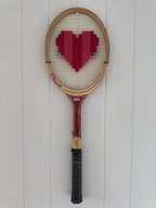 Vintage Tennis Racquet Wall Hanging With Woven Heart - Pink & Red Stripes-Wall Hangings-What A Racquet-Greenhouse Interiors Pty Ltd