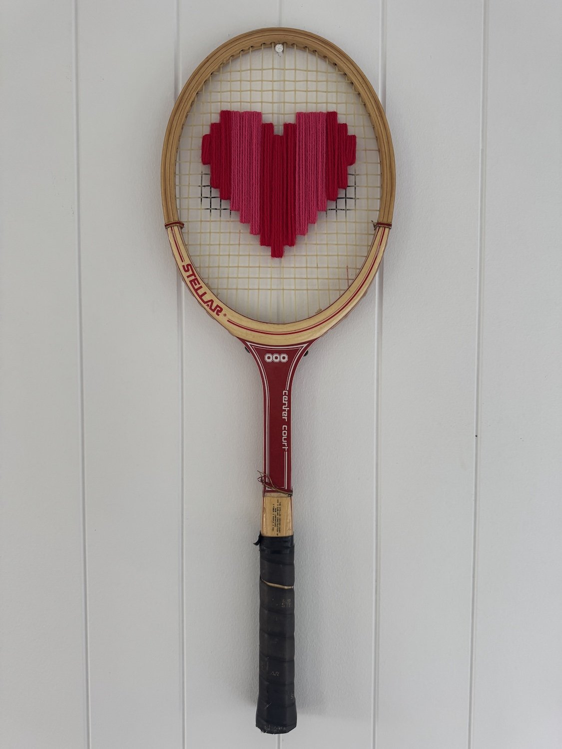 Vintage Tennis Racquet Wall Hanging With Woven Heart - Pink & Red Stripes-Wall Hangings-What A Racquet-Greenhouse Interiors Pty Ltd