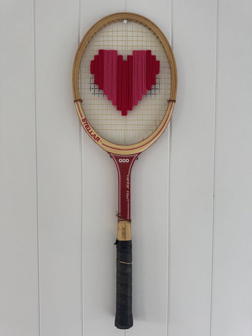 Vintage Tennis Racquet Wall Hanging With Woven Heart - Pink & Red Stripes-Wall Hangings-What A Racquet-Greenhouse Interiors Pty Ltd