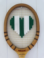 Vintage Tennis Racquet Wall Hanging With Woven Heart - Green & White Stripe-Wall Hangings-What A Racquet-Greenhouse Interiors Pty Ltd