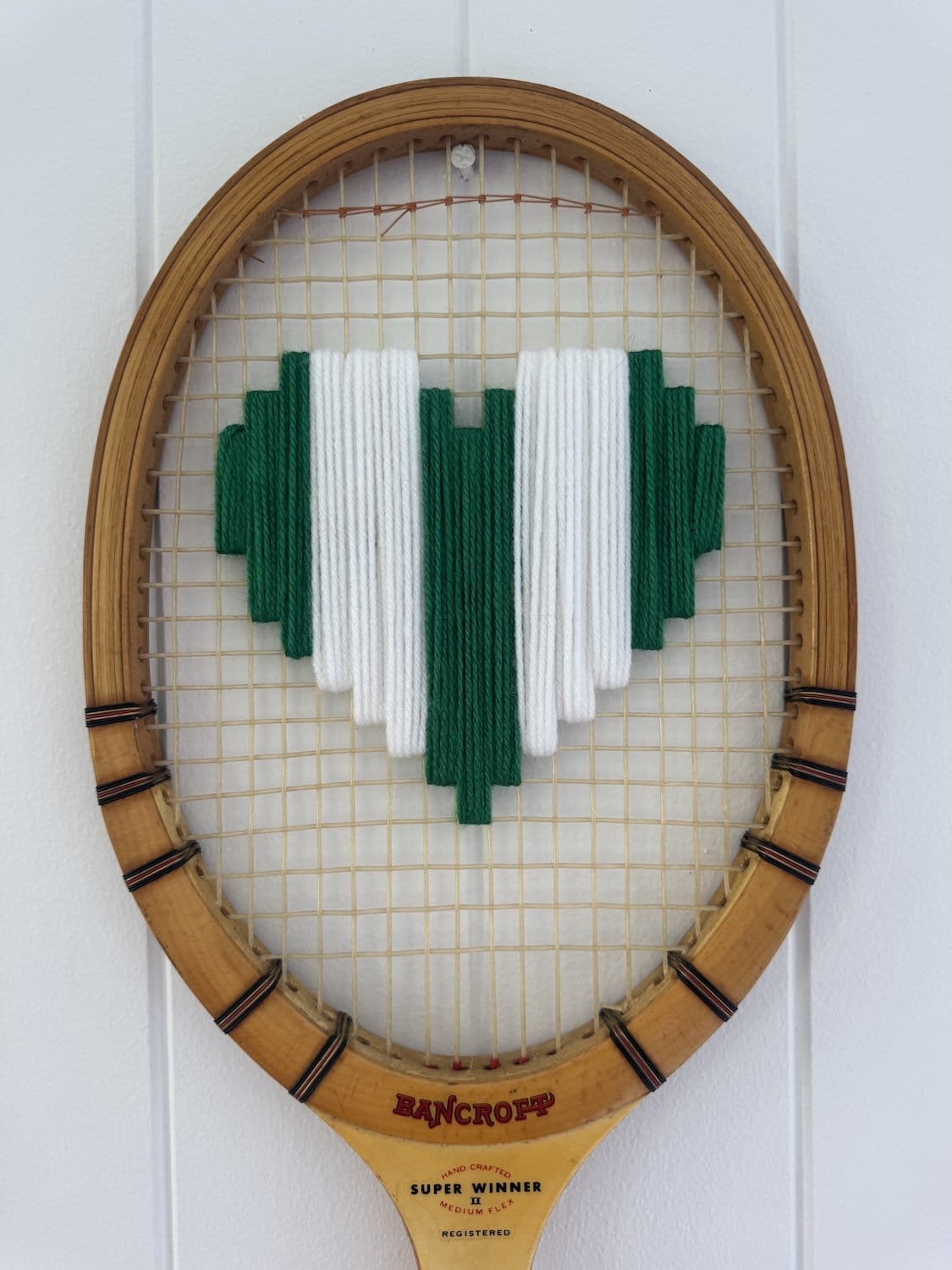 Vintage Tennis Racquet Wall Hanging With Woven Heart - Green & White Stripe-Wall Hangings-What A Racquet-Greenhouse Interiors Pty Ltd