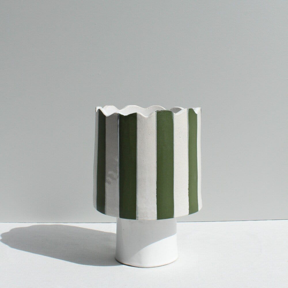Olive Green And White Striped Vessel Or Planter