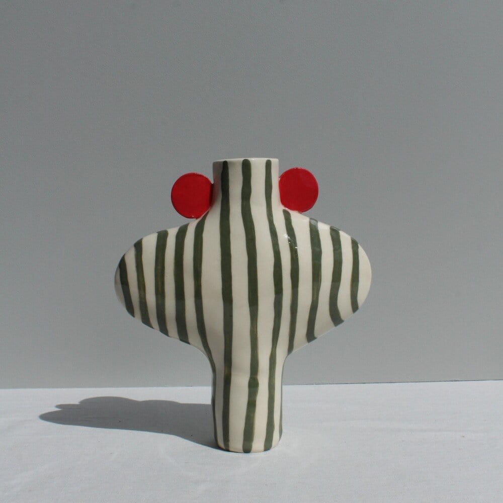 Olive Green Striped Vessel With Red Handles