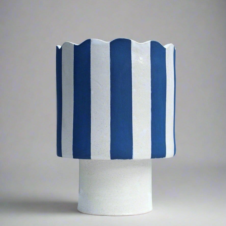 Cobalt Blue And White Striped Vessel Or Planter
