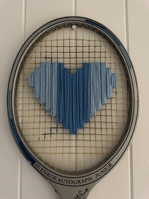What A Racquet! Vintage Tennis Racquet Wall Hanging With Woven Heart - Blue Stripes-Wall Hangings-What A Racquet-Greenhouse Interiors Pty Ltd
