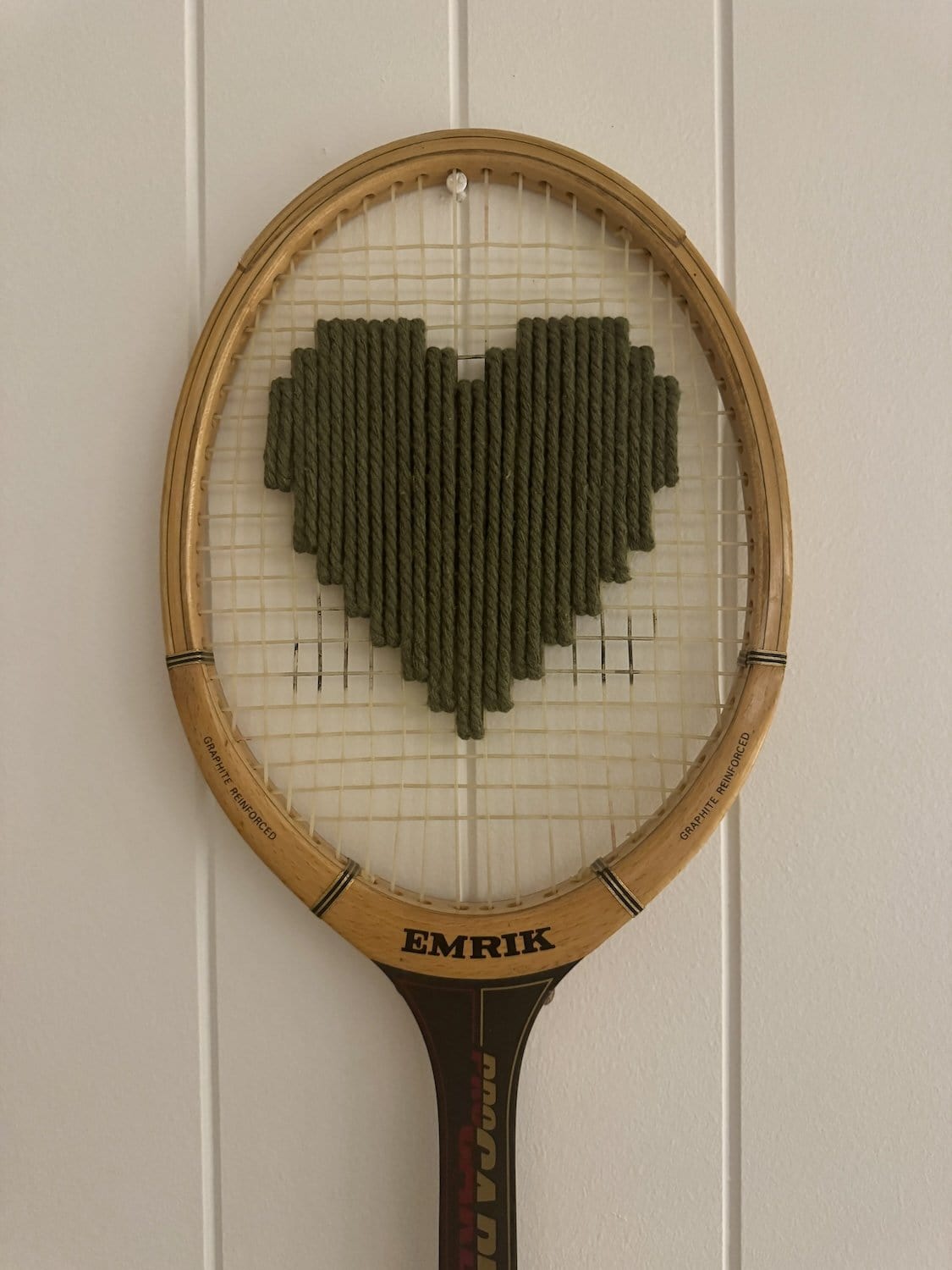 Vintage Tennis Racquet With Woven Heart - Olive Green