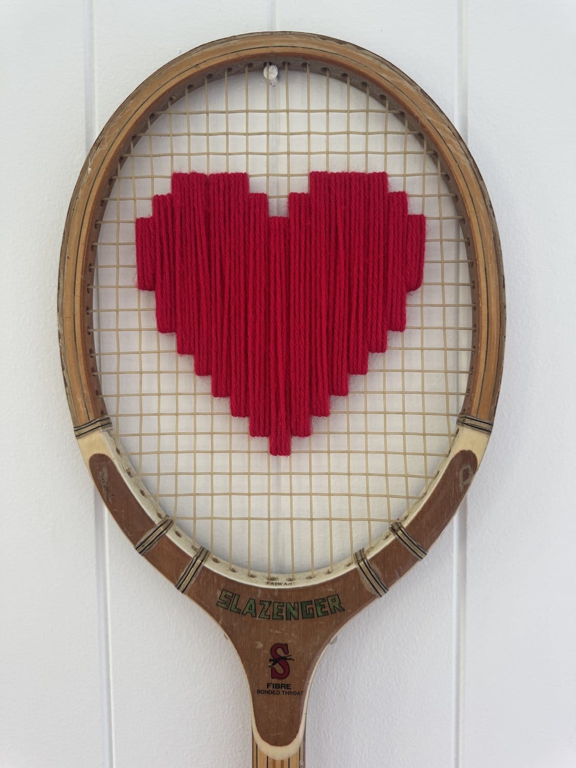 Vintage Tennis Racquet Wall Hanging With Woven Heart - Rosy Red-Wall Hangings-What A Racquet-Greenhouse Interiors Pty Ltd