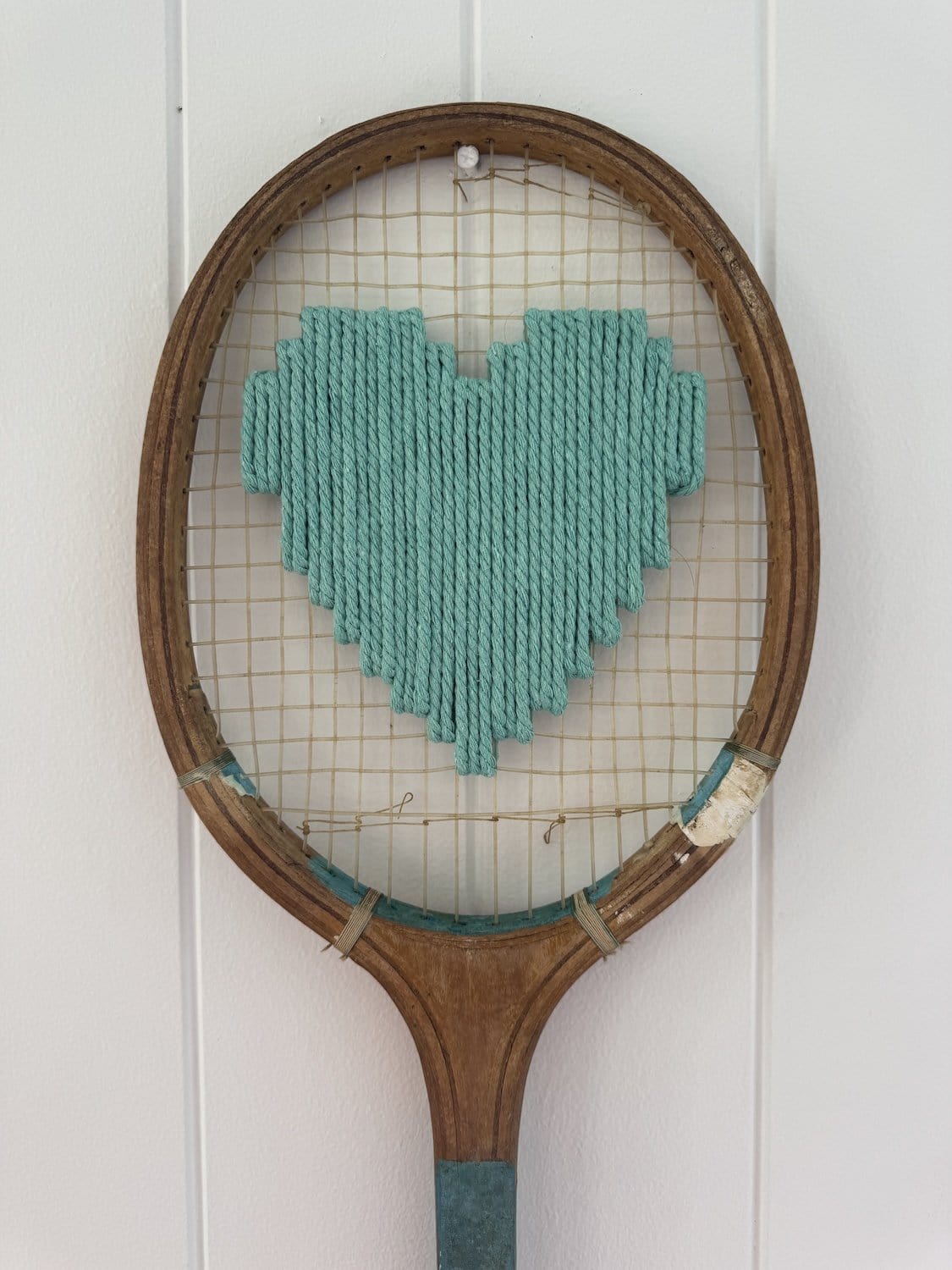 Vintage Tennis Racquet With Woven Heart - Teal