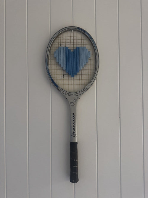 What A Racquet! Vintage Tennis Racquet Wall Hanging With Woven Heart - Blue Stripes-Wall Hangings-What A Racquet-Greenhouse Interiors Pty Ltd