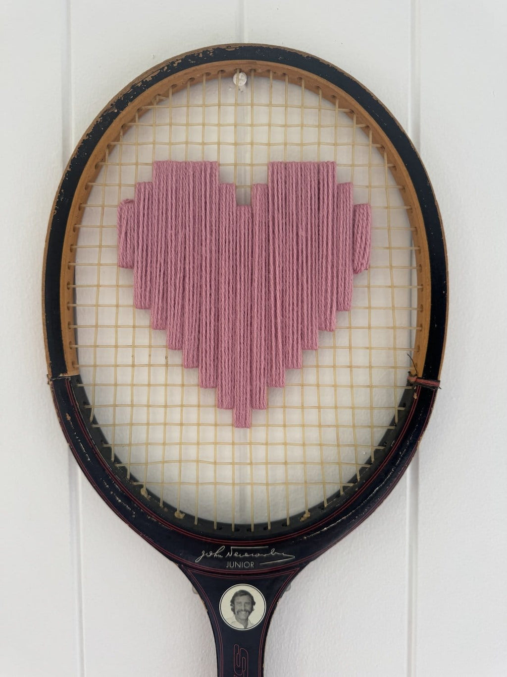 Vintage Tennis Racquet Wall Hanging With Woven Heart - Pink-Wall Hangings-What A Racquet-Greenhouse Interiors Pty Ltd