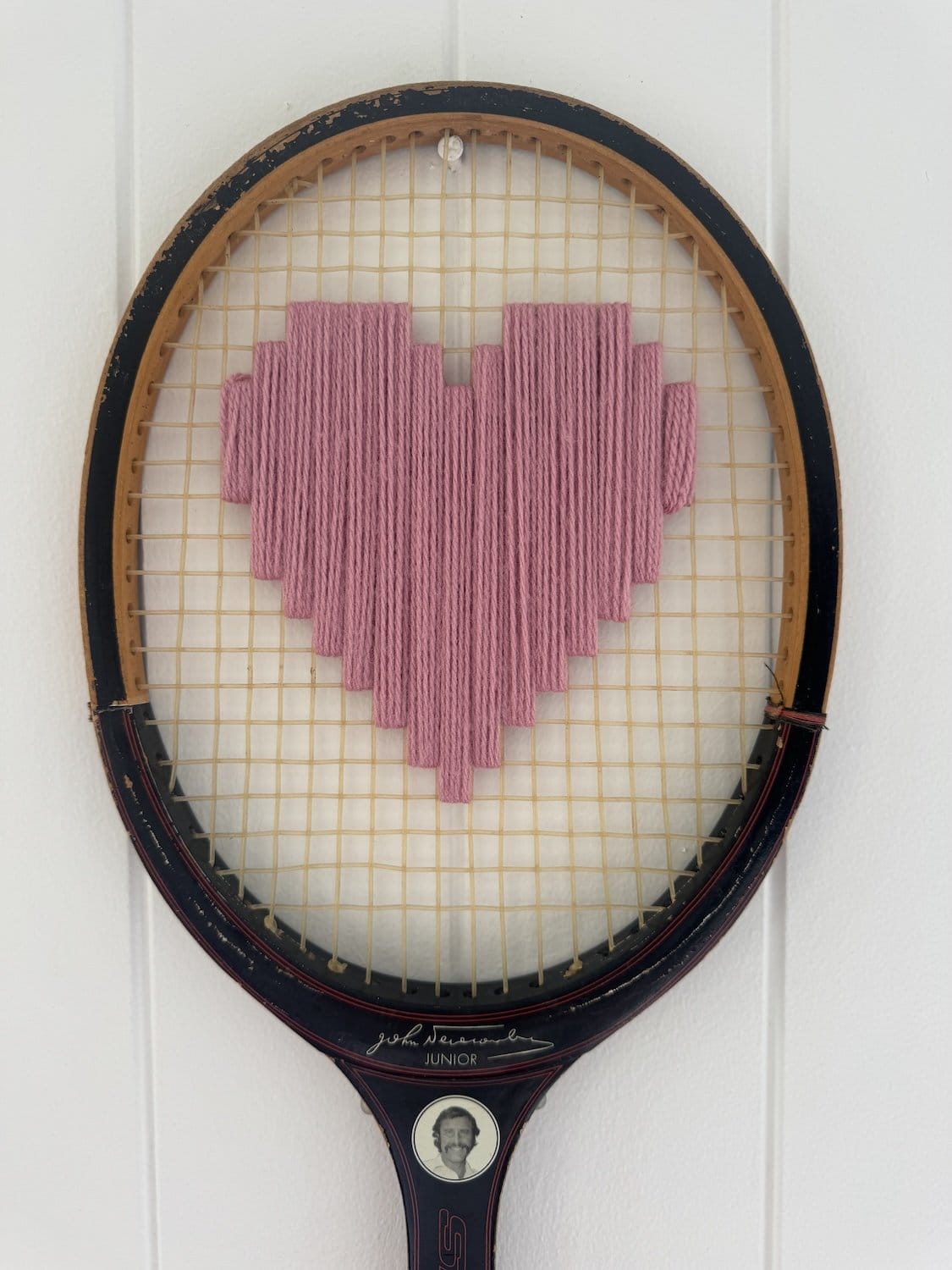 Vintage Tennis Racquet Wall Hanging With Woven Heart - Pink-Wall Hangings-What A Racquet-Greenhouse Interiors Pty Ltd