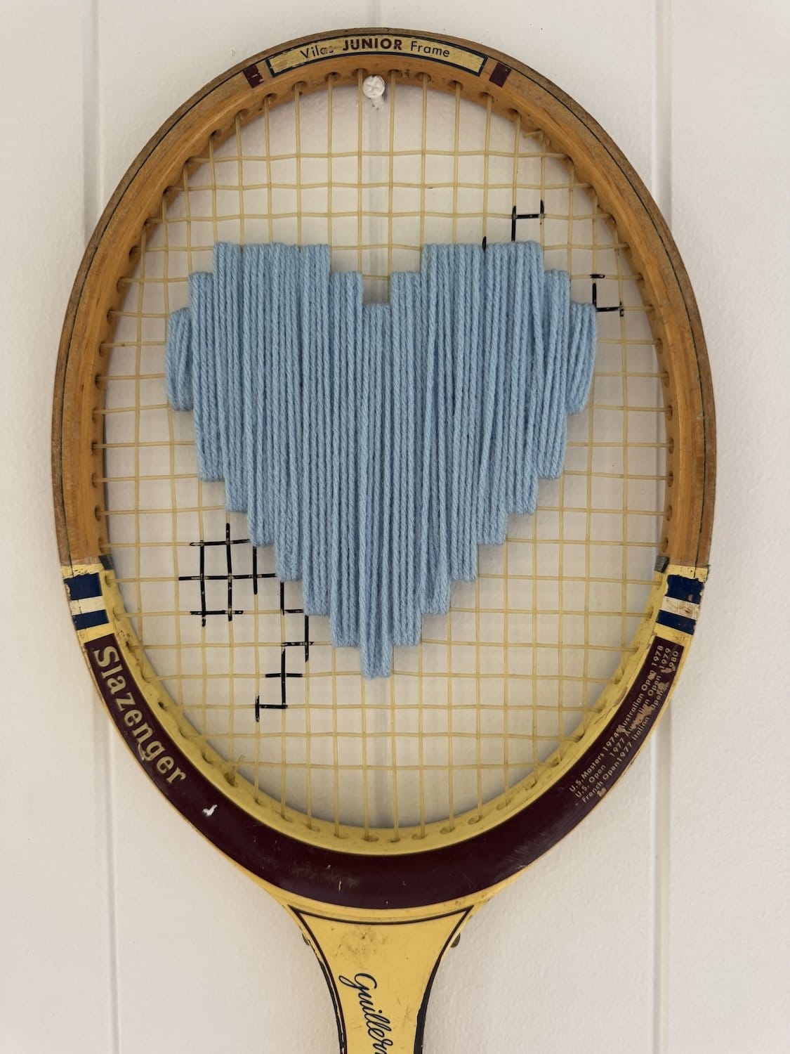 What A Racquet! Vintage Tennis Racquet Wall Hanging With Woven Heart - Baby Blue-Wall Hangings-What A Racquet-Greenhouse Interiors Pty Ltd