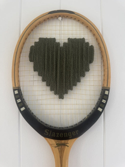 Vintage Tennis Racquet Wall Hanging With Woven Heart - Olive Green