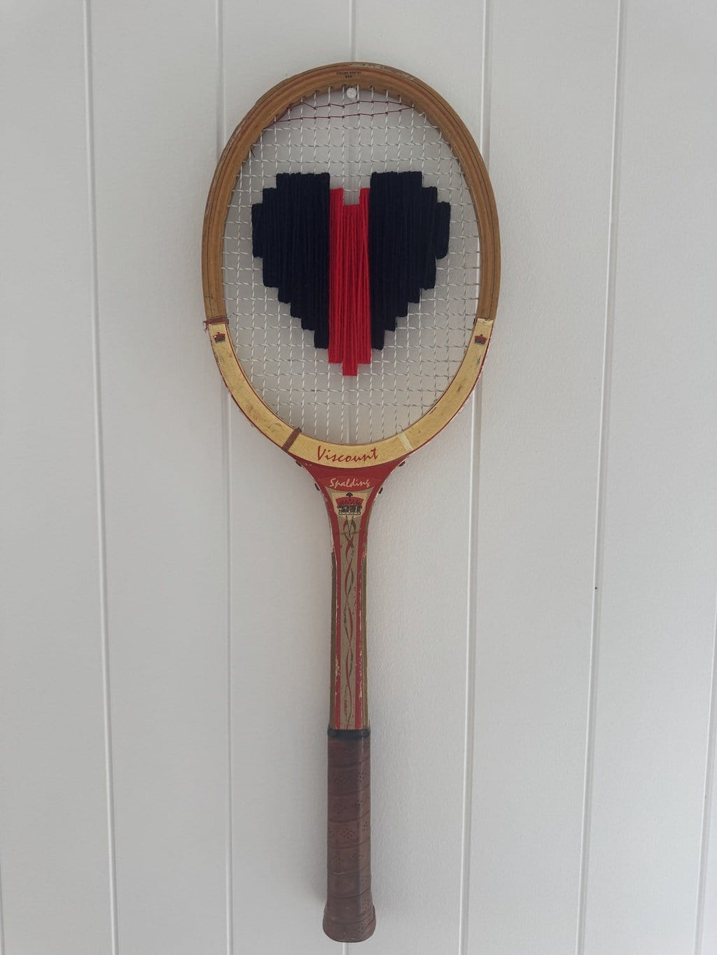 Vintage Tennis Racquet With Woven Heart - Navy & Red