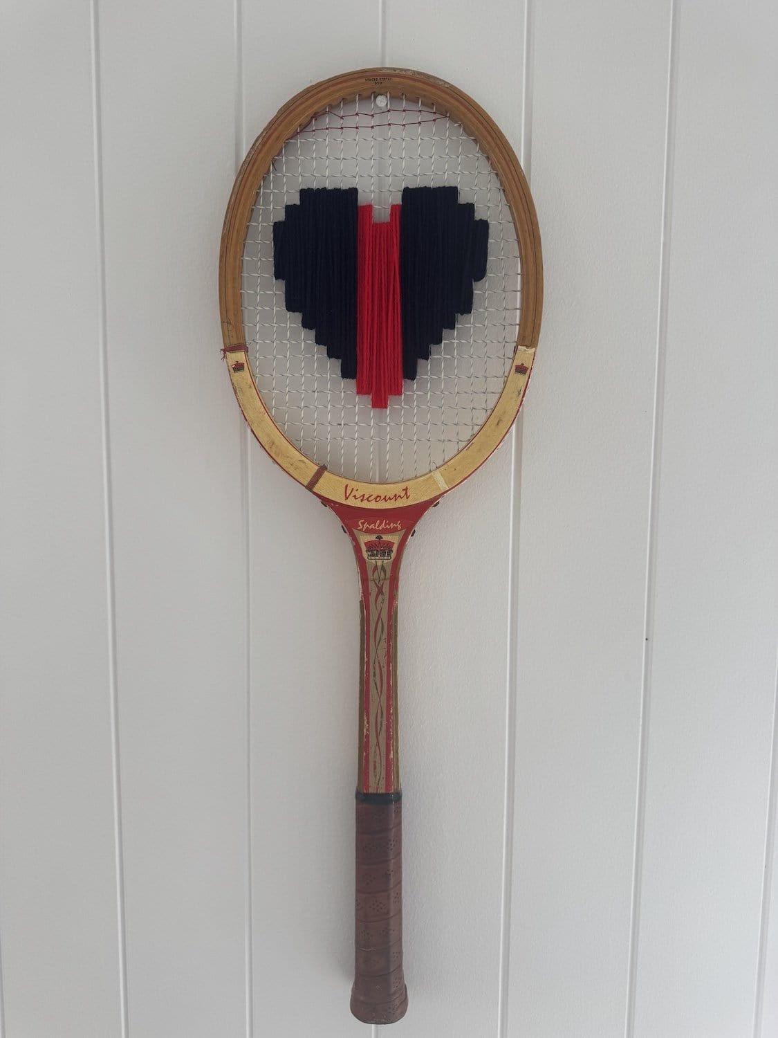 Vintage Tennis Racquet With Woven Heart - Navy & Red