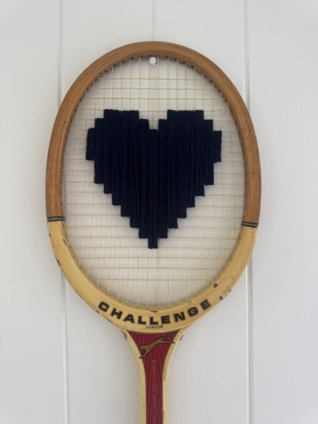 Vintage Tennis Racquet Wall Hanging With Woven Heart - Navy