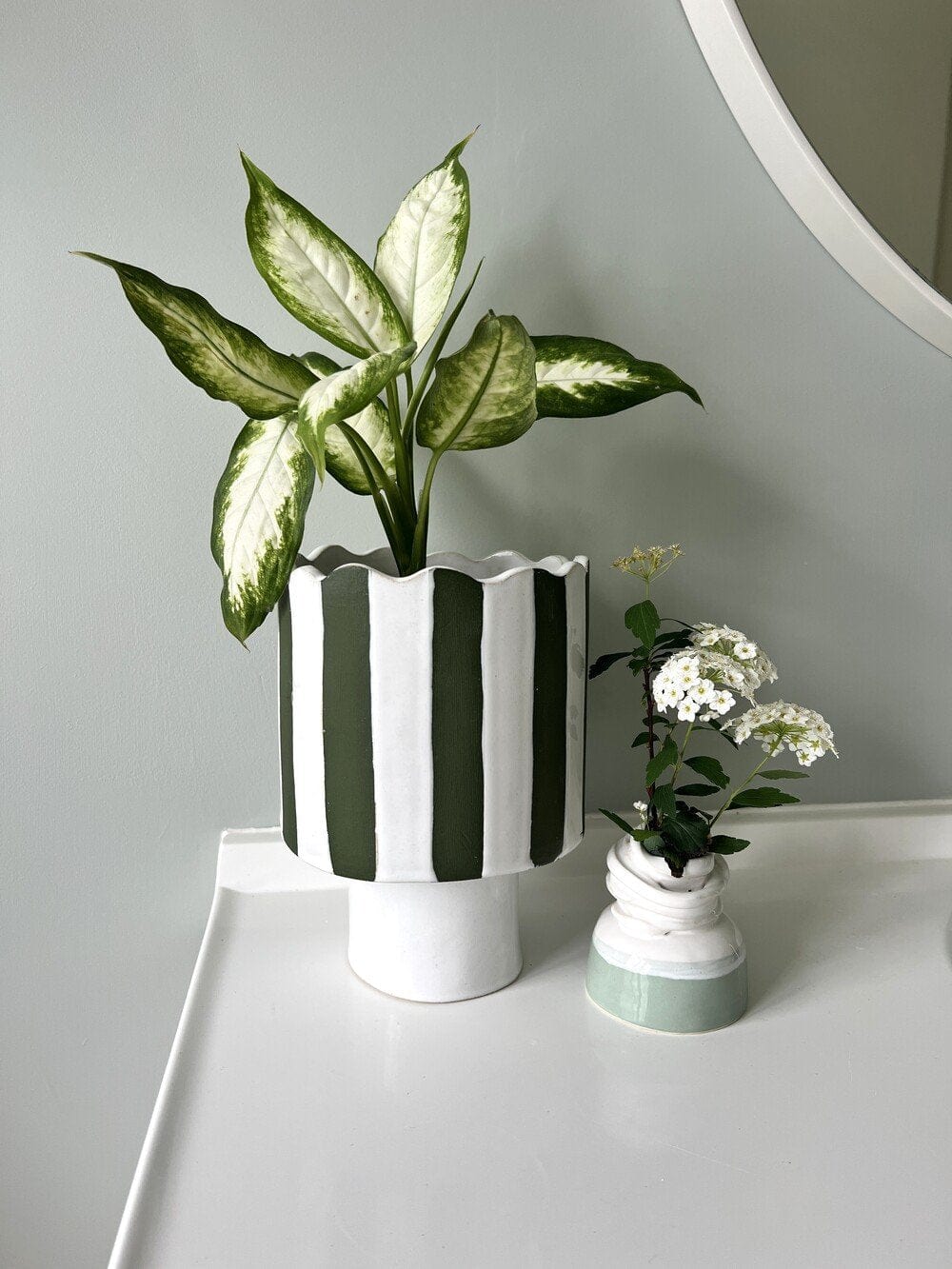 Olive Green And White Striped Vessel Or Planter