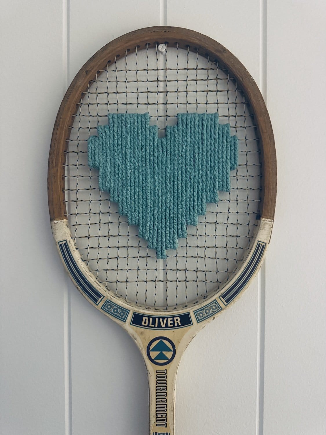What A Racquet! Vintage Tennis Racquet Wall Hanging With Woven Heart - Teal