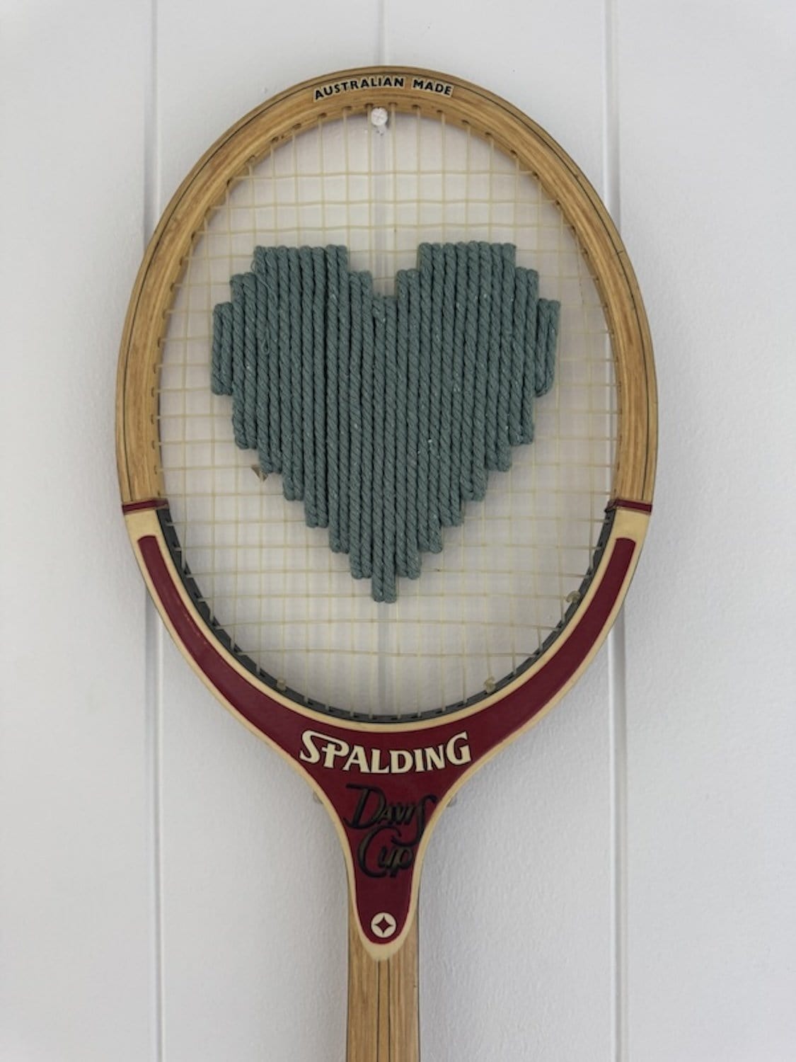 Vintage Tennis Racquet With Woven Heart - Sage Green