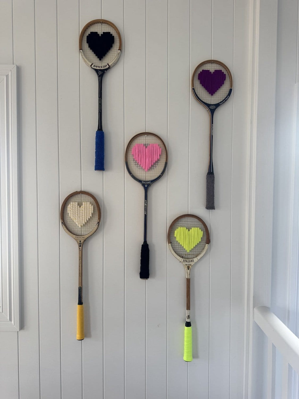 What A Racquet! Vintage Squash Racquet Wall Hanging With Woven Heart - Yellow Multi-Wall Hangings-What A Racquet-Greenhouse Interiors Pty Ltd