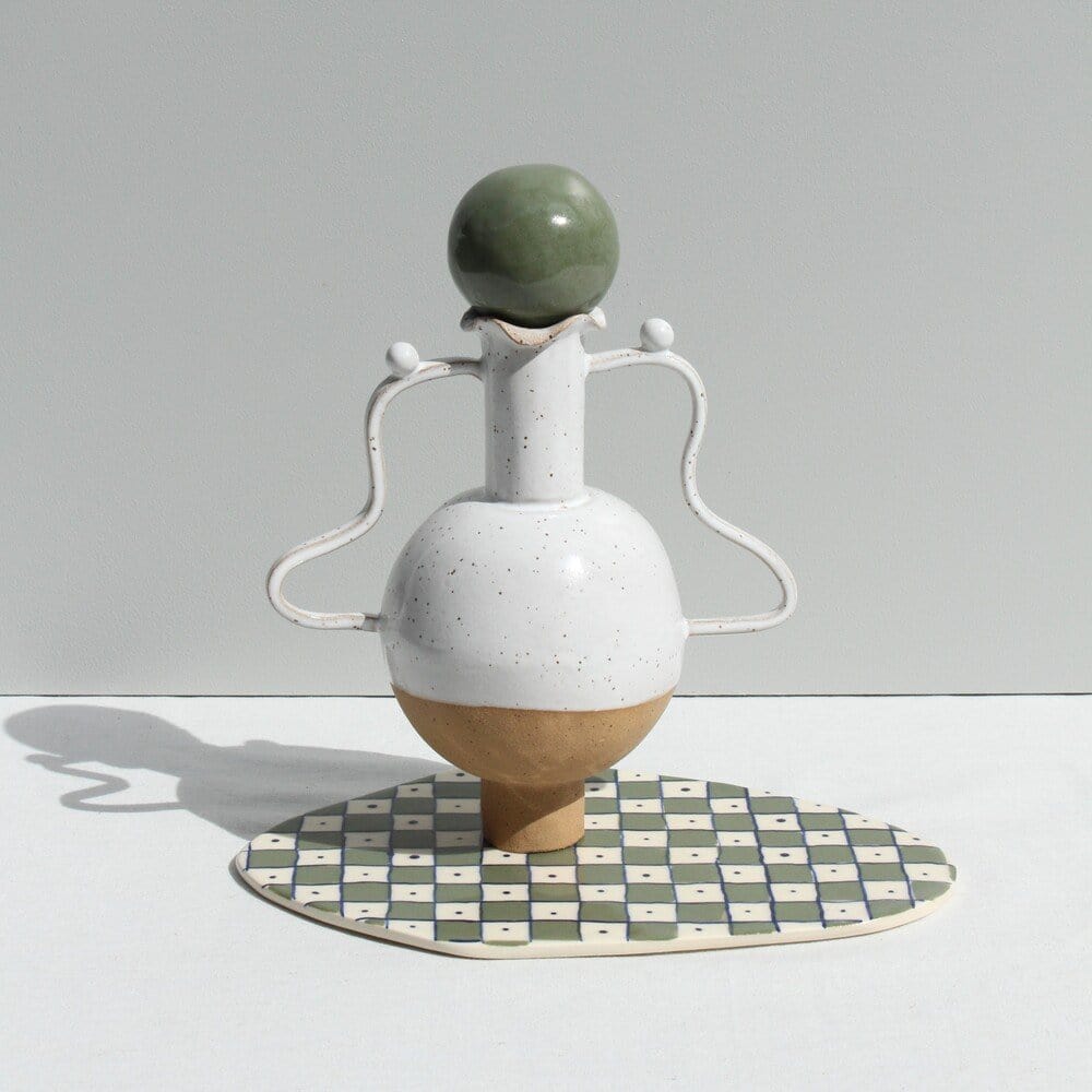 White Vessel With Wiggle Handles And A Stopper