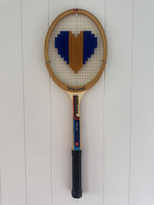Vintage Tennis Racquet Wall Art - Blue & Mustard Heart
