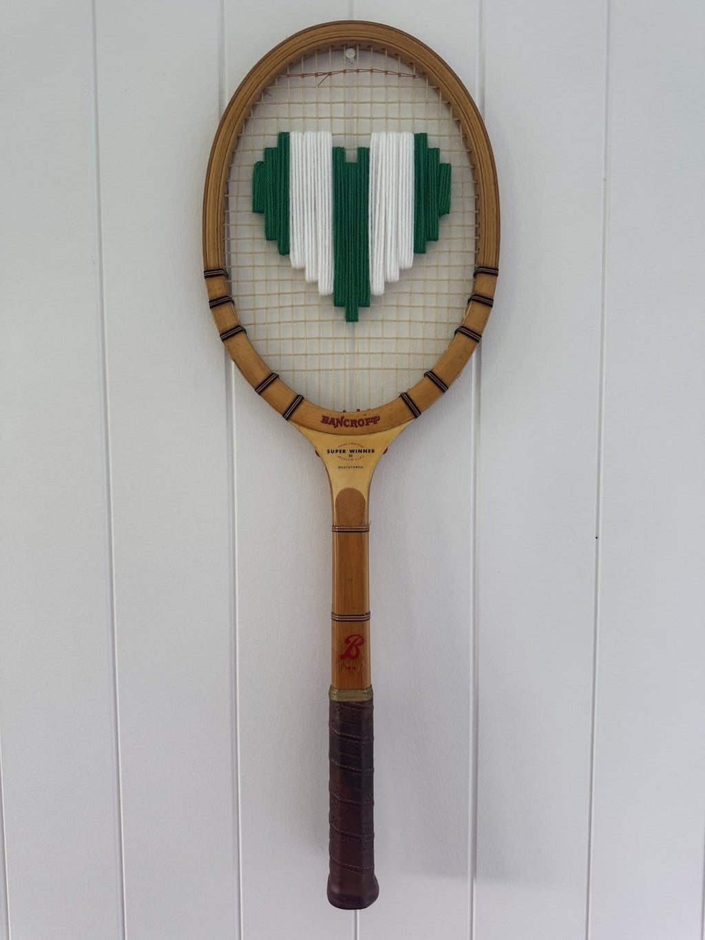 Vintage Tennis Racquet Wall Hanging With Woven Heart - Green & White Stripe-Wall Hangings-What A Racquet-Greenhouse Interiors Pty Ltd