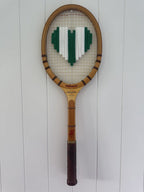 Vintage Tennis Racquet Wall Hanging With Woven Heart - Green & White Stripe-Wall Hangings-What A Racquet-Greenhouse Interiors Pty Ltd