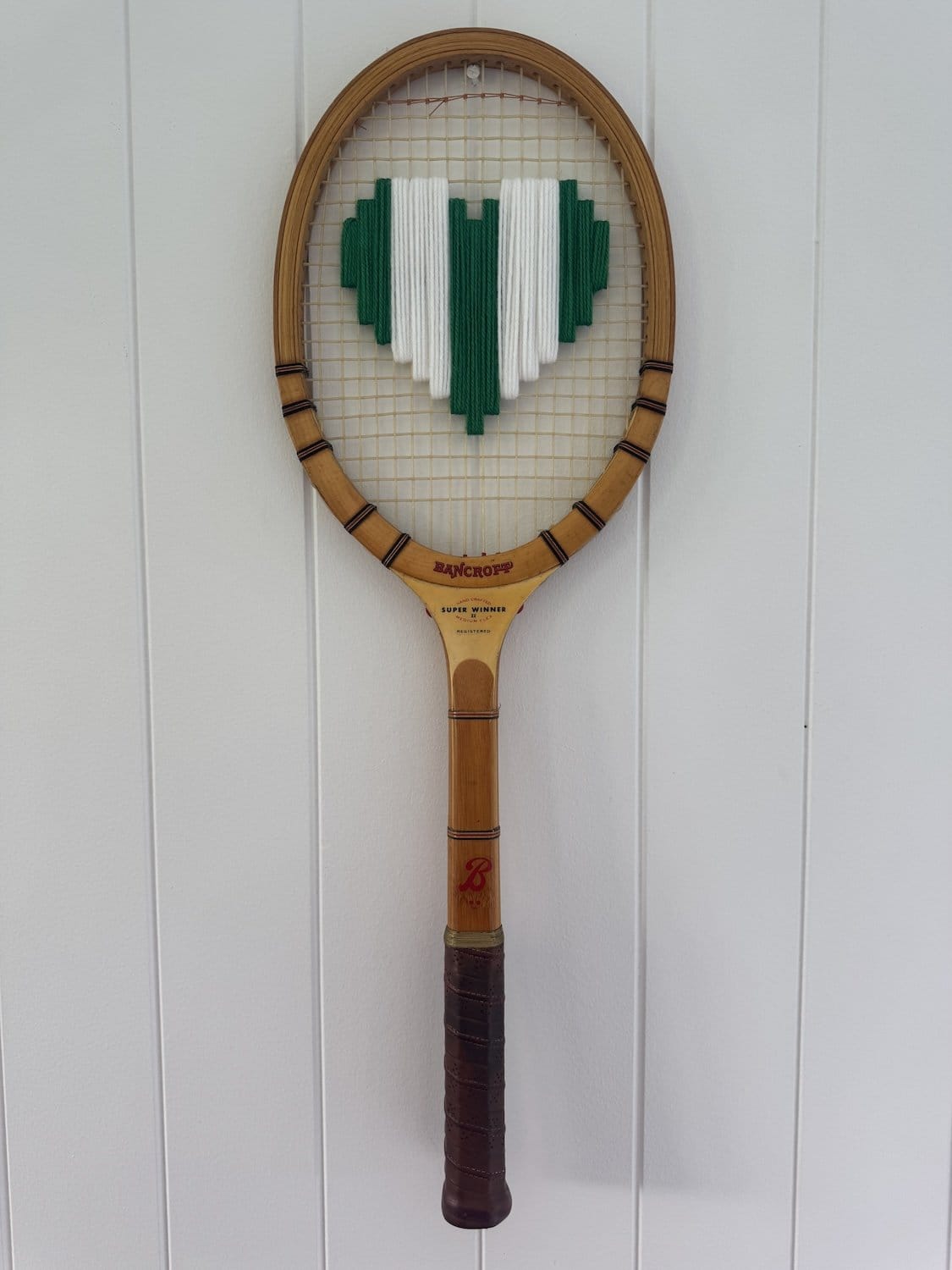 Vintage Tennis Racquet Wall Hanging With Woven Heart - Green & White Stripe-Wall Hangings-What A Racquet-Greenhouse Interiors Pty Ltd